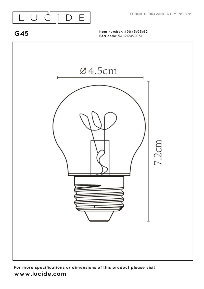 Lucide G45 - Filament bulb - Ø 4,5 cm - E27 - 1x3W 2200K - Amber